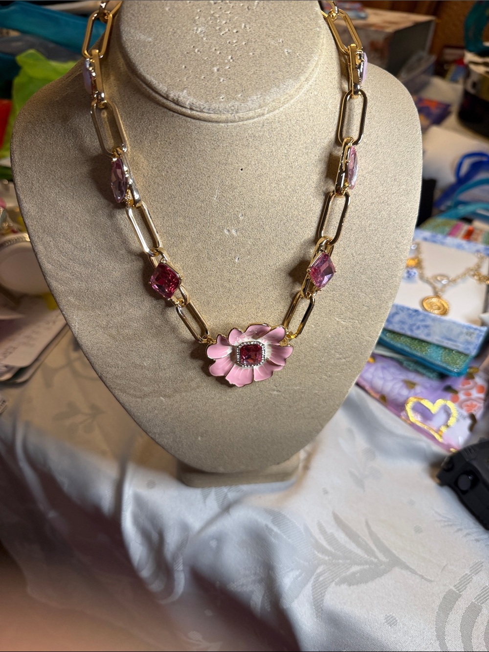 Gold Chain Pink Flower Pendant Necklace - Women's Jewelry - Picture 2 of 7